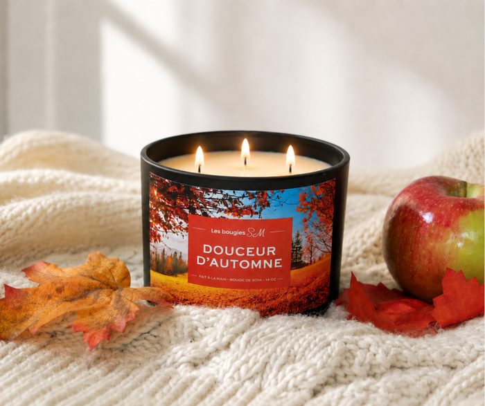 bougies sm , candles , 14 oz , trois meches , automne , cocooning, bougies , cire de soja, soya, douceur dautomne, autumn , leaves, feuilles, pommes, cozy , découvrir, réconfortante , ambiiance, maison , 8 oz, gourmande , 