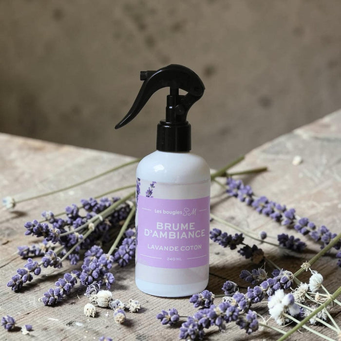 Collection brumes d'ambiance | LesBougiesSM , brume , ambiance , lavande et coton , coton frais ,fraicheur , mist , lavande , lavander , bougies sm , printemps , propre