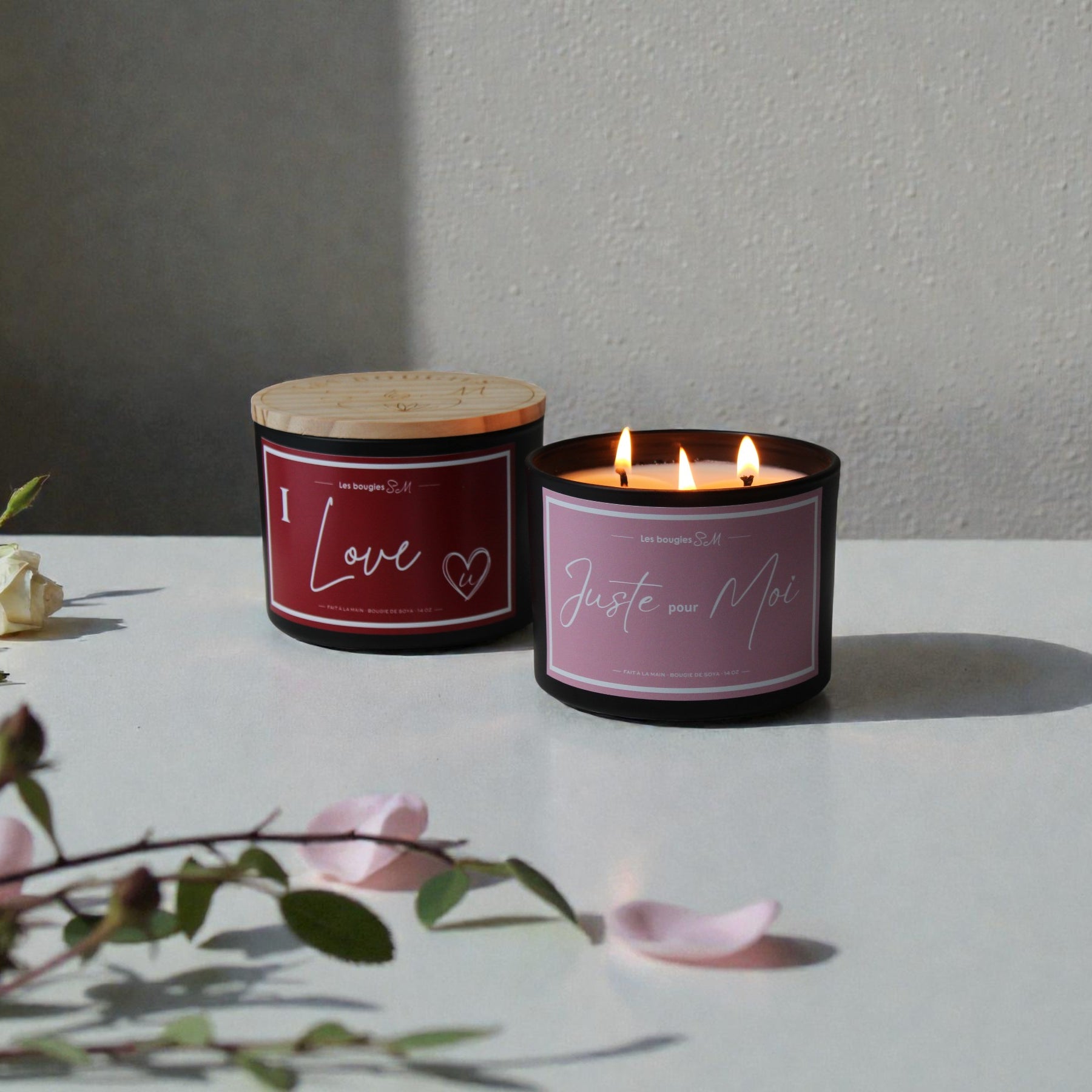 bougie , candle ,cire de soya , naturelle , fait au québec , bougies sm , self-love , i love you , i love u , juste pour moi , 8 oz , 14 oz , florale , odeur envoutante , 